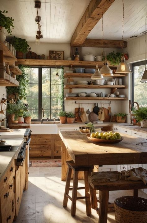 Rustic Furniture Ideas, Cottage Kitchen, Dream House Interior, Kitchen Makeover, Dream House Decor, Beautiful Kitchens, Rustic Kitchen, Pots And Pans, Country Kitchen