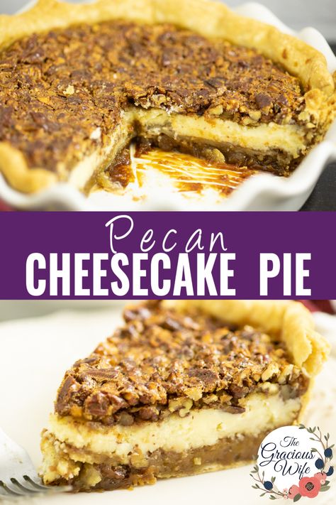 The only thing better than classic pecan pie is Pecan Cheesecake Pie. Combine the best of both worlds with the decadent gooey caramel flavor of pecan pie filling and crunchy pecans paired with rich, creamy vanilla cheesecake. Pecan Pie Cheesecake Recipe Easy No Bake, Slow Cooker Pecan Pie, Home Made Pecan Pie Recipes, Pecan Meal Recipes, Pecan Pie Variations, Pecan Pie Trifle Recipe, Angel Pecan Pie, Pecan Pies Recipes, Deep Dish Pecan Pie Recipe