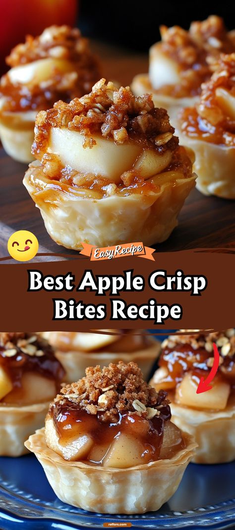 Savor the taste of fall any time with these delectable Apple Crisp Bites. Tiny, tarte apple pieces enveloped in a crispy oat topping make these bites a perfect small treat or a great addition to any autumn gathering. #AppleCrispBites #FallDesserts #TinyTreats Caramel Apple Crisp Bites, Apple Crisp Cups Easy, Apple Crisp Bites Recipe, Iowa Party Bites, Honey Crisp Apple Recipes, Mini Apple Crisp Recipe, Apple Crisp Bites, Mini Apple Crisp, Apple Bites Recipe