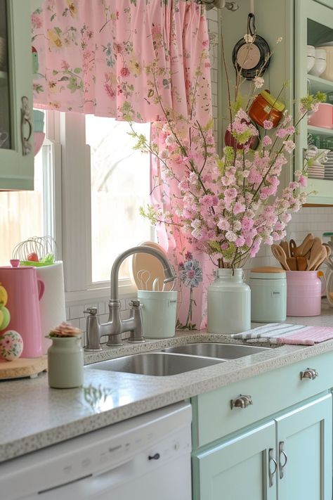 Cottage Rooms, Pretty Houses, Dream Apartment Decor, Casa Vintage, Deco Originale, Small Cottage, Pink Kitchen, Chic Kitchen, Beautiful Kitchen