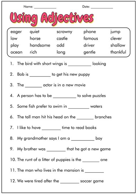 4th Grade Language Arts Worksheets Printable 3rd Grade Adjective Worksheet, Grade 4 Language Arts, Third Grade Language Arts Worksheets, 3rd Grade Reading Worksheets Free Printable, Year 4 Worksheets Free Printable, Using Adjectives Worksheet, Ela Worksheets For 4th Grade, Fifth Grade English Worksheets, Third Grade Writing Worksheets