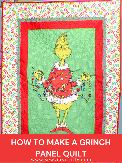 Learn to quilt with this beginner Christmas Grinch panel quilt.  This is a super simple quilting project for the beginner quilter.  Use basic sewing skills to create this charming Christmas quilt.  No pattern is necessary just use the panel and the sashing to create the top. Sandwich it with batting and finish it off. Grinch Panel Quilt, Grinch Quilt, Grinch Merry Christmas, Grinch Crafts, Quilt Room, Panel Quilt Patterns, Fun Quilts, Hanging Quilts, Handi Quilter