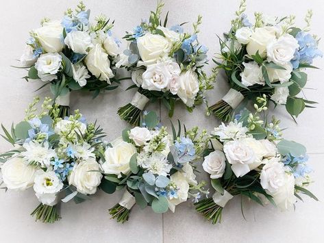 Louise on Instagram: "Summer bouquets of Pastel blues, creams & whites for Chloes bridesmaids yesterday @pennardhouse . A beautiful summer wedding ❤️" Light Blue And White Bridesmaid Bouquet, Wedding Bouquets Summer Blue, Blue Flowers For Wedding Bouquet, Blue Brides Bouquet, Wedding Bouquet Blue And White, Blue Wedding Bridesmaid, College Dinners, Cream Bridal Bouquet, Pastel Blue Wedding