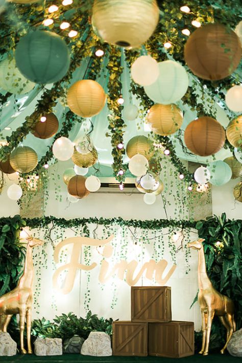 Finn's Classy Jungle Party | Philippines Mommy Family Blog Jungle Quinceanera Theme, Safari Garden Party, Jungle Theme Graduation Party, Jungle Theme Pool Party, Jungle Dinner Party, Classy Jungle Theme Party, Plant Birthday Party Decorations, Plants Theme Birthday Party, Elegant Safari Theme Party