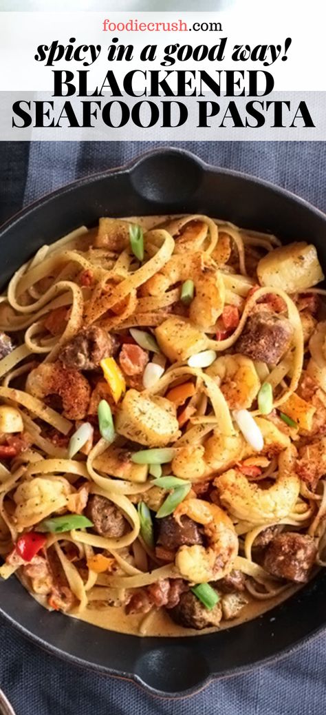 Cajun Shrimp And Scallop Pasta, Cajun Scallops Pasta, Cajun Scallops, Mixed Seafood Pasta, Blackened Scallops, Date Night Pasta, Spicy Seafood Pasta, Cajun Seafood Pasta, Foodiecrush Recipes