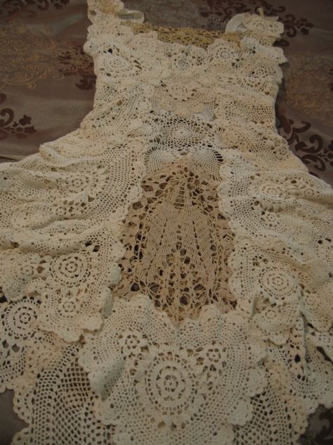 UP-CYCLED CROCHETED DOILY WEDDING DRESS  . . . Doily Wedding Dress, Doily Clothes, Crochet Doily Dress, Doily Dress, Upcycle Crochet, Vintage Crochet Lace Dresses, Vintage Crochet Wedding Dress, Crochet Wedding Dress, Fitted Vintage Dress With Crochet Lace