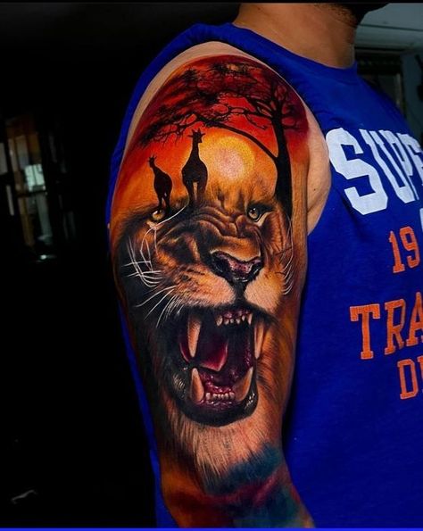 Discover the world of lion tattoos in our article. From deep symbolism and rich history to placement options and best designs. Lion Colour Tattoo, Africa Tattoo, Galaxy Tattoo Sleeve, Colored Tattoo, Bio Organic Tattoo, Africa Tattoos, Colored Tattoo Design, Wolf Tattoos Men, Colour Tattoo