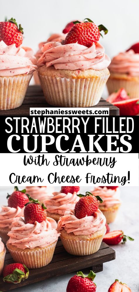 These strawberry filled cupcakes have a strong strawberry flavor. They are filled with fresh diced strawberries and topped with strawberry cream cheese frosting. Roasted Strawberry Cupcakes, Strawberry Cheesecake Filling Recipe, Strawberry Cream Cheese Filled Cupcakes, Vanilla Cupcakes With Strawberries, Best Strawberry Cupcakes, Strawberry Cheesecake Cupcakes Recipe, Strawberry Cream Cheese Cupcakes, Strawberries And Cream Cupcakes, Strawberry Milkshake Cupcakes