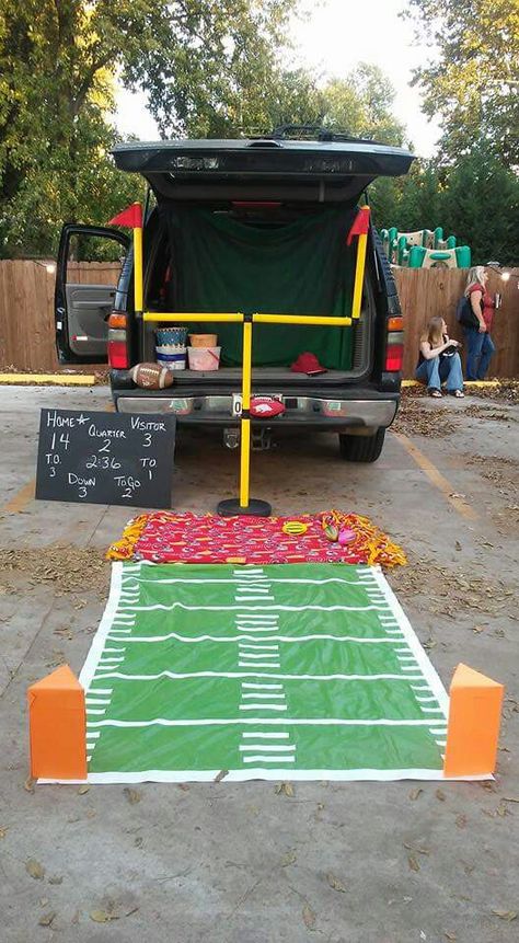 My football themed trunk or treat. Football Trunk Or Treat, Church Trunk, Halloween Car Decorations, Trunker Treat Ideas, Trunk Or Treat Ideas, Football Themes, Garden Birthday, Treat Ideas, Trunk Or Treat