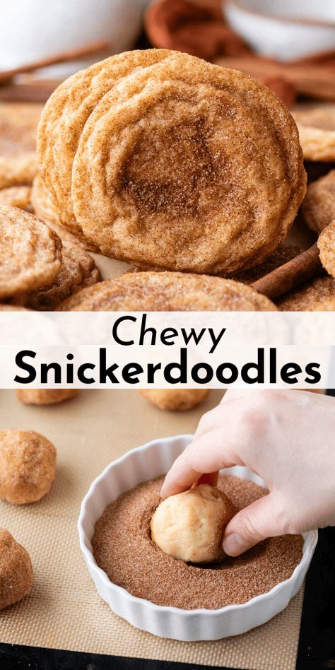 These snickerdoodles are my go-to crowd pleaser cookie! This soft and chewy snickerdoodle recipe takes just 20 minutes from start to finish, but shhh... these cookies are so good, no one will ever know how incredibly easy they are to make! Chewy Snickerdoodle Cookies Recipes, Snickerdoodle Cookies Recipe Easy, Cinnamon Dessert Recipes, Easy Snickerdoodle Recipe, Soft Snickerdoodle Cookies, Best Snickerdoodle Cookies, Snickerdoodle Cookies Easy, Soft Cookie Recipe, Popular Desserts Recipes