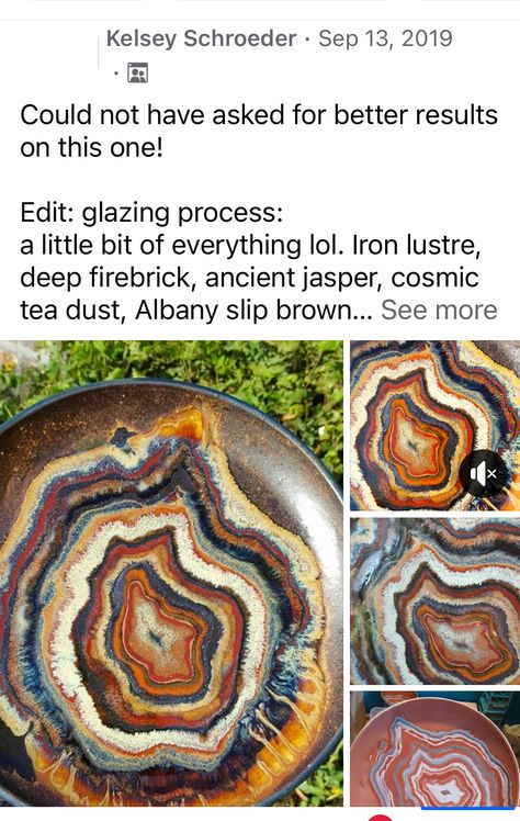 From amaco glaze FB group: caption:  Edit: glazing process: a little bit of everything lol. Iron lustre, deep firebrick, ancient jasper, cosmic tea dust, Albany slip brown, tenmoku, deep sienna speckle, oatmeal, ancient copper. Slip trailer in concentric layers, none overlap too much bit each a bit wet so they slightly meld together. Tenmoku around the center design. Slow cool cone 5 (which according to my cones resulted in cone 6) Pottery Glaze Ideas, Albany Slip Brown, Glazing Ideas, Ceramics Pottery Bowls, Pottery Lessons, Glaze Combinations, Glaze Ideas, Pottery Glaze, Amaco Glazes