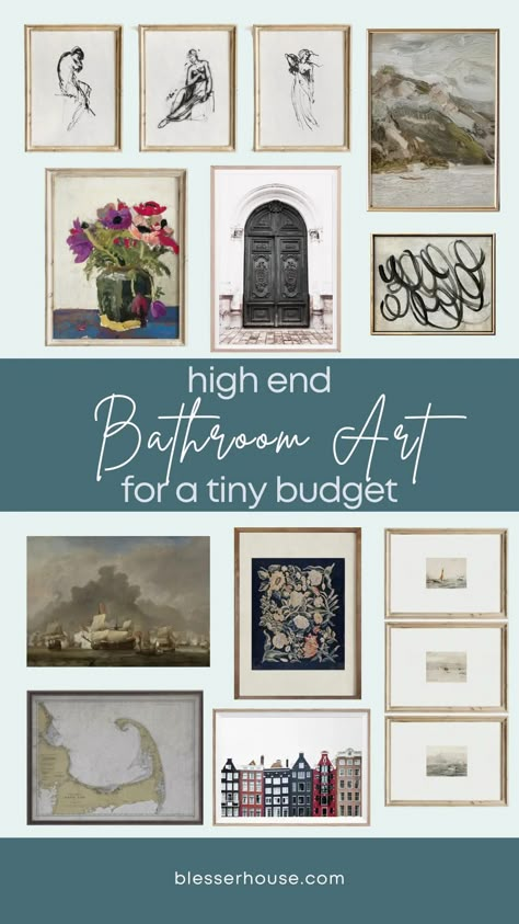 Picture In Bathroom Ideas, Artwork For Bathroom Walls, High End Wall Decor, Vintage Bathroom Photos, Powder Room Framed Art, Best Bathroom Art, Art Over Tub Master Bath, Small Bathroom Traditional Decor, Vintage Modern Bathroom Art