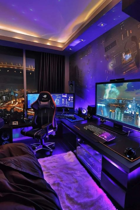 Luxurious Gaming Room, Gaming Setup Bedroom, Imvu Backgrounds, Games Room Inspiration, Small Game Rooms, Gaming Bedroom, Tech Room, Gamer Bedroom, Best Gaming Setup