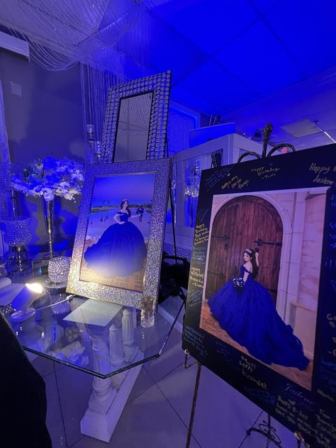 Quince Night Theme, Royal Blue Quince Photoshoot, Navy Blue Theme Quinceanera, Quinceanera Color Themes, Royal Blue Quince Venue Ideas, Things To Have At Your Quince, Court Table Ideas Sweet 16, Quince Royal Blue Nails, Royal Blue Xv Decorations