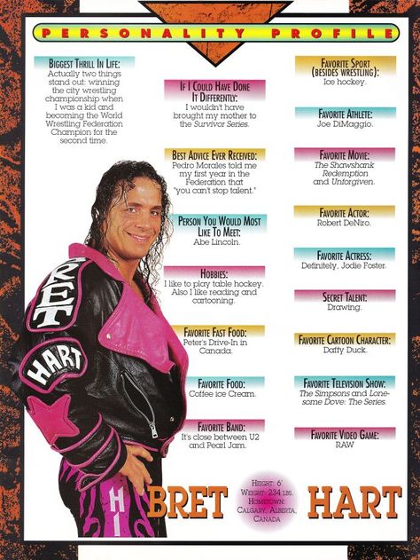 WWF Personality Profiles #WWF #WorldWrestlingFederation #WWE #WWENetwork #WWEUniverse #AttitudeEra Wwf Poster, Best Advice Ever, Wwf Superstars, Hitman Hart, Personality Profile, Survivor Series, Wrestling Posters, Tna Impact, Shawn Michaels