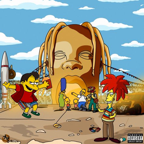 Astroworld by Travis Scott and The Simpsons art style album cover track art Simpsons Art Style, Astroworld Album Cover, Ovo Wallpaper, Travis Scott Art, Cactus Jack Travis Scott, Travis Scott Wallpapers, Travis Scott Astroworld, Rapper Art, Simpsons Art