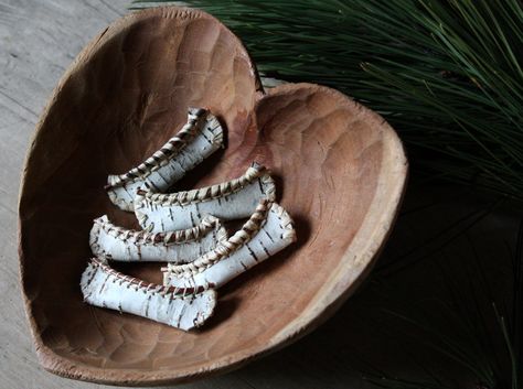 A few more canoes added to my collection.  I made these out of birch that I gathered from one of our downed trees, small poplar twigs, and raffia.  They're small, just over 2" long.    Tutorial here:  lilfishstudios.blogspot.com/2010/12/tiny-birch-bark-canoe... Bark Idea, Birch Bark Crafts, Birch Bark Baskets, Birch Craft, Natural Essence, Nativity Crafts, Canoes, Birch Bark, Birch Tree