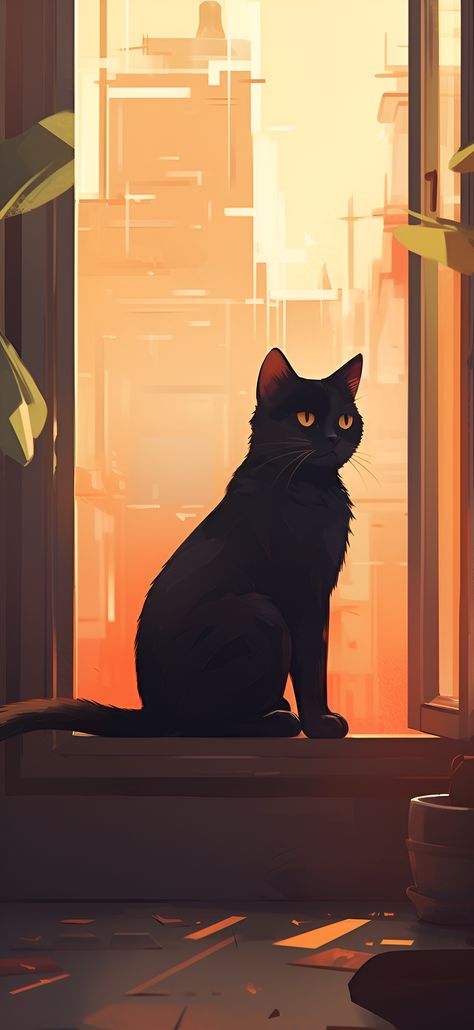 An urban scene of a black cat sitting in a window, with a bustling cityscape in the background. Black Cat Phone Background, Black Cat Art Wallpaper, Black Cat Art Illustration, Cat Sitting In Window, Black Cat Background, Black Cat Digital Art, Cat Iphone Wallpaper, Cat Illustration Art, Black Cat Sitting