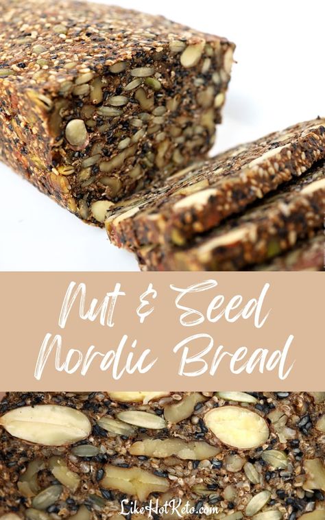 Sliced loaf of keto bread filled with seeds and nuts. Nordic Bread, Nut And Seed Bread, Seeded Bread Recipes, Bread Keto, Healthy Bread Recipes, Breakfast Low Carb, Healthy Nuts, Paleo Bread, Seed Bread