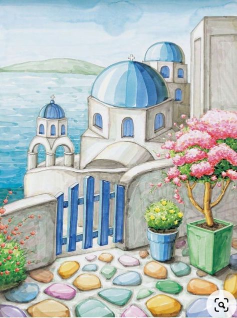 Greece Painting, Flow Painting, 수채화 그림, Painting Art Lesson, Small Canvas Art, Watercolor Art Lessons, Nature Art Painting, Diy Canvas Art Painting, Art Drawings For Kids