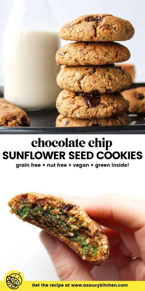 The next time someone tells you to eat your greens - grab a cookie! These sunflower cookies, made with ground up sunflower seeds are healthy, easy and super fun! The naturally occurring chlorophyll found in sunflower seeds reacts with baking soda in the oven which makes for a bright green, colorful surprise inside. Make sure to check out the recipe notes for substitutions and adaptions including ways to make these cookies vegan friendly. Sunflower Seed Cookies, Sunflower Butter Cookies, Sunflower Seed Recipes, Alternative Food, Sunflower Cookies, Seed Cookies, Paleo Chocolate Chip Cookies, Healthy Food Alternatives, Matcha Cookies