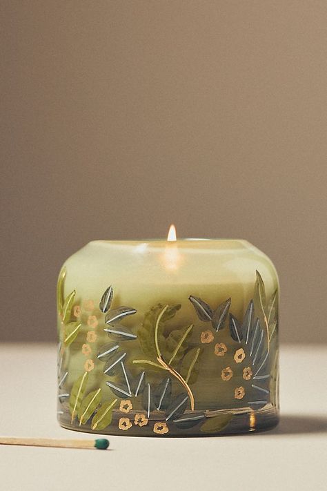 Unique Candle Vessels, Bedroom Shelf Decor, Wonderland Bedroom, Academia Living Room, Green Candles, Fern Moss, Anthropologie Candle, Bedroom Shelf, Cozy Campfire