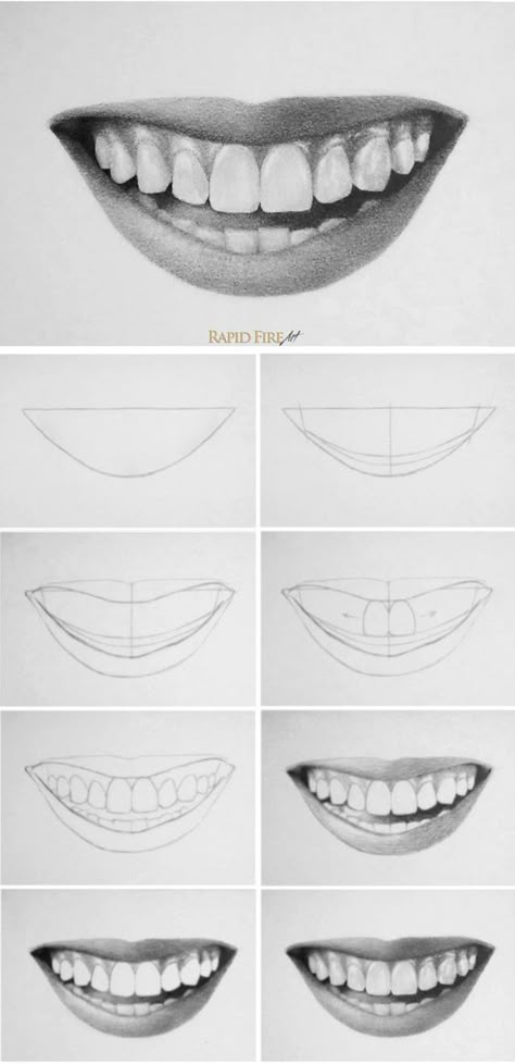 Tutorial: How to draw a smile with teeth  http://rapidfireart.com/2015/04/14/how-to-draw-teeth/ How To Draw Teeth, Draw Teeth, Teeth Drawing, Smile Drawing, Mouth Drawing, Draw Easy, 얼굴 그리기, Drawing Faces, Contour Drawing