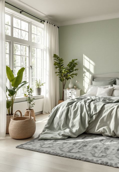 Sage Green Farmhouse Bedroom Sage Green Apartment Bedroom, Pale Green Bedroom Aesthetic, Room With Light Green Walls, Sage Green And White Room Aesthetic, Light Sage Green Bedroom Walls, Light Blue And Green Bedroom Ideas, Light Green And Grey Bedroom, Light Green Girls Bedroom, Soft Green Room