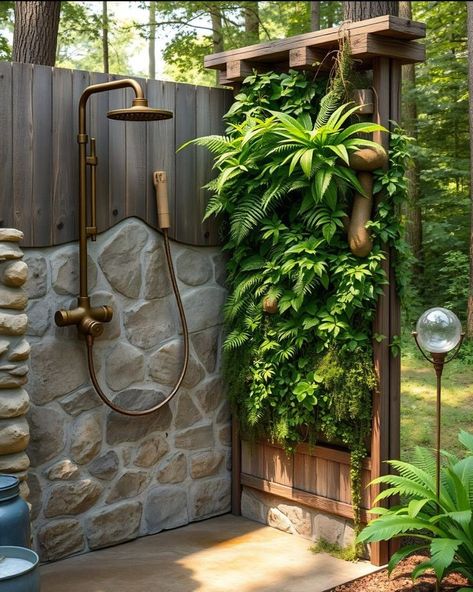 Outdoor Shower Stone Wall, Shower Oasis, Outdoor Shower Inspiration, Outdoor Shower Fixtures, Outside Showers, Hanging Ferns, Vertical Garden Design, Garden Nook, Ferns Garden