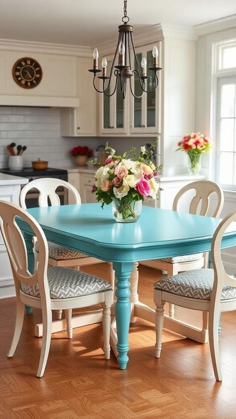 7 Stunning Kitchen Table Makeover Ideas to Refresh Your Space Diy Paint Kitchen Table, How To Paint Kitchen Table, Painted Dinner Table Ideas, Refinishing A Table, Paint Dining Room Table And Chairs, Round Kitchen Table Makeover, Painted Kitchen Table And Chairs, Table Makeover Ideas, Citrus Kitchen