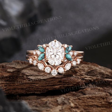 Oval Cut Moissanite Engagement Ring Set Marquise Cut Turquoise Ring Rose Gold Unique Moissanite Wedding Ring Set Personalized Jewelry ⨞Handmade item                                                                                                       ⨞Materials: 14k, 18k Gold, Rose gold, White gold Ring size can be choose from the selection box. ⨞Engagement ring -Center Stone - Moissanite  Shape -Oval Cut  Size -6*8mm -Side Stones - Moissanite & Turquoise  Shape -Round & Marquise Cut  Weight - A Western Wedding Rings Sets Princess Cut, Wedding Rings Engagement Western, Wedding Rings Rustic, Rose Gold Moissanite Engagement Ring, Rare Gemstone Engagement Ring, Gold Turquoise Wedding Ring, Western Wedding Rings With Turquoise, Turquoise Wedding Ring, Engagement Rings Western