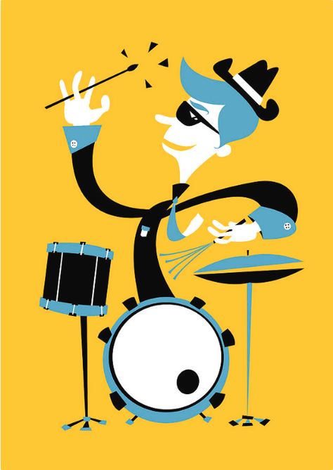 Charlie Tattoo, Mcm Illustration, Midcentury Illustration, Jazz Wall Art, Drum Art, Ludwig Drums, Drums Art, Jazz Poster, Jazz Art