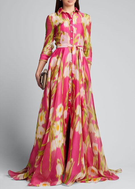 Floral Print Long Gowns, Fabric Dress Design, Chiffon Fabric Dress, Shirt Gown, Floral Print Gowns, Long Gowns, Floral Long Sleeve Shirt, Printed Gowns, Silk Print Dress