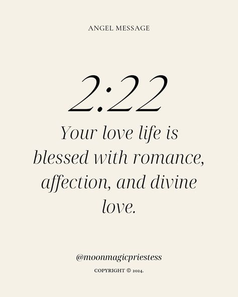 Comment ✨🦋✨222✨🦋✨to affirm! Angel Number 👼🏼 222 is a sacred reminder that your love life is blessed with romance, affection, and divine love. Allow your heart to remain open and receptive to the abundance of love the universe has to offer. 🌹Get My FREE ‘Divine Feminine Energy’ Guide at moonmagicpriestess.com 📔ORDER MY NEW ‘DREAM JOURNAL’ available on Amazon! Links in bio @moonmagicpriestess #moonmagicpriestess #222 #angelnumber #angelnumbers #divinelight #divinelovers #romancequotes ... 222 In Love, Love In Abundance, Abundance Of Love, 222 Angel Number Love, Angel Number For Love, Spiritual Couples, Divine Love Quotes, Angels In Love, Love Angel Number