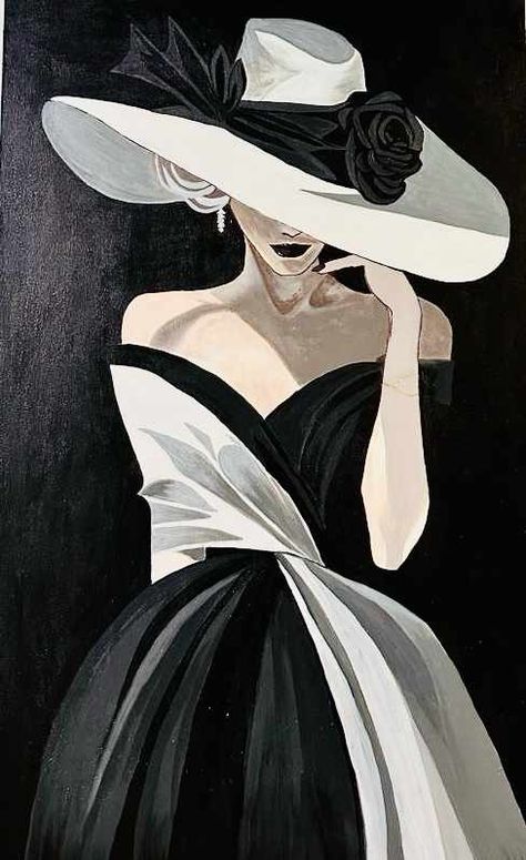 Black And White Wedding Decorations, 1920s Paintings, Big Hats, White Wedding Decorations, Face Line Drawing, Elegant Outfit Classy, Illustration Art Girl, Painting Of Girl, Black And White Painting