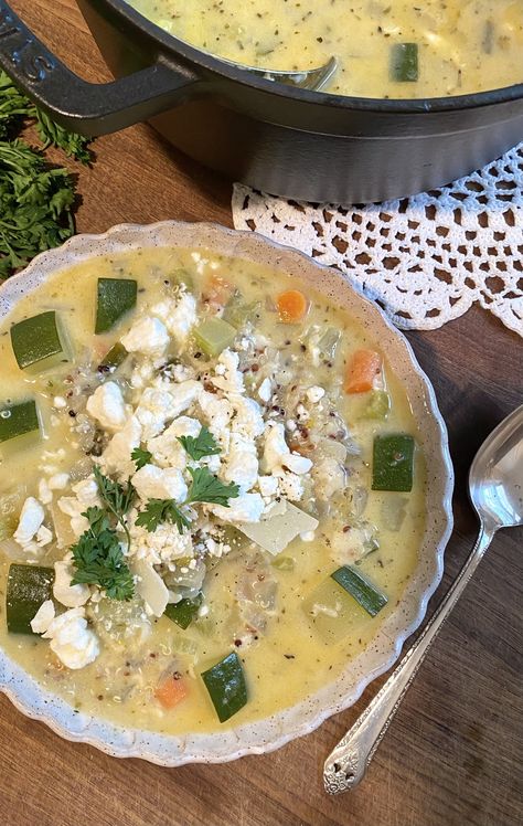 Zucchini and Quinoa Greek Lemon Soup — Andrea's Cooktales Creamed Spinach Casserole, Soup With Zucchini, Greek Lemon Soup, Seafood Pot Pie, Pastina Soup, Greek Lemon Chicken Soup, Lemon Soup, Spinach Casserole, Lemon Chicken Soup