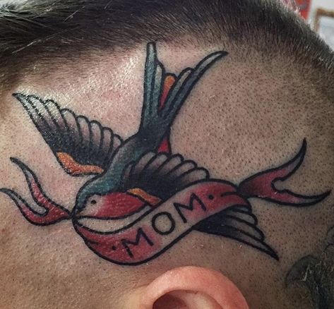 head tattoo with a swallow carrying a mom banner Banner Tattoo, Jack Tattoo, Head Tattoo, Just Ink, Head Tattoos, Fish Tattoos, Jesus Fish Tattoo, Tattoos