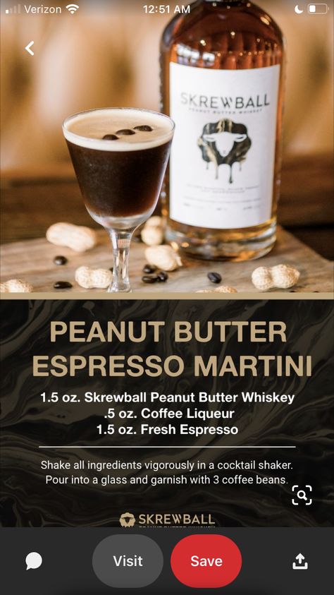 Espresso Whiskey Cocktail, Screwball Espresso Martini, Whiskey Espresso Martini, Peanut Butter Martini Recipes, Peanut Butter Espresso Martini, Skrewball Recipes, Screwball Peanut Butter Whiskey Drinks, Skrewball Whiskey Drinks, Screwball Whiskey Drinks