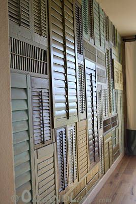 Shutter wall. Amazing. Repurposed Shutters, Old Window Shutters, Wall Covering Ideas, Shutter Wall Decor, Shutter Projects, Shutter Decor, Shutter Wall, Shutter Ideas, Wall Cover