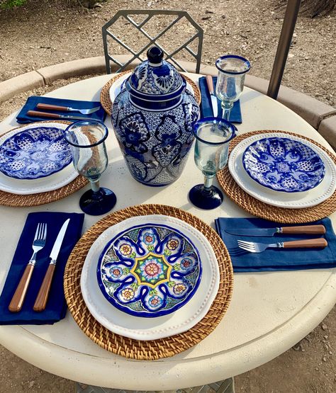 Love this collection by pottery barn “del sol” Mexican Talavera o’ le Talavera Table Setting, Terracota Decor, Talavera Table, Mexican Hacienda Decor, Hacienda Decor, Tablescapes Ideas, Mexican Hacienda, Table Place Settings, Mexican Home Decor