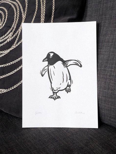 Penguin Linocut, Linocut Animals, Gentoo Penguin, Cut Animals, Linoleum Block, Linocut Art, Stylish Wall Art, Relief Print, Artist Bio