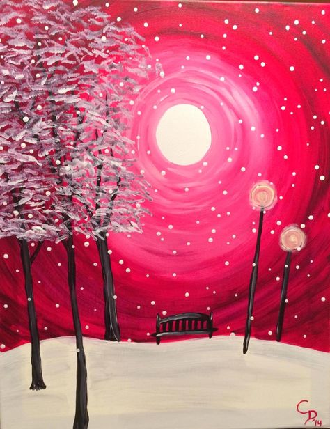 Snow Globe Pink Monochromatic Painting, Winter Canvas Art, Monochromatic Painting, Winter Paintings, Cute Easy Paintings, Wine And Canvas, Painting Winter, Night Flight, Easy Canvas