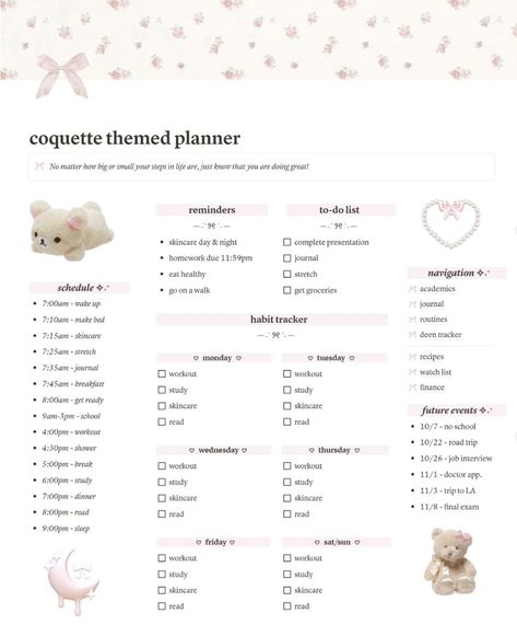 Coquette Planner Kawaii Planners for Academics Self Care College Notion Template, Coquette Planner, College Notion, Planner Aesthetic Ideas, Coquette Notion, Minimalist Dashboard, Goodnotes Pages, Notion Daily Planner, Notion Journal