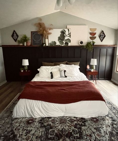 Black Bedroom Board And Batten Wall, Wall Accent Headboard, Black Wall With Wood Accents Bedroom, Board And Batten Wall Bedroom With Shelf, Accent Wall Shelf Bedroom, Black Metal Bed Frame Accent Wall, Accent Half Wall Bedroom, Moody Bedroom White Bedding, Accent Wall Shelving