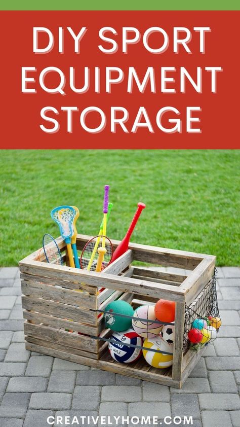 DIY sport equipment storage unit made from repurposed fence filled with bats and balls Storage For Sports Equipment, Outdoor Sports Ball Storage, Diy Toy Storage Outdoor, How To Organize Outdoor Toys, Ball Organizer Diy, Outside Ball Storage, Diy Outdoor Toy Storage Ideas, Diy Ball Holder Storage, How To Store Outdoor Toys