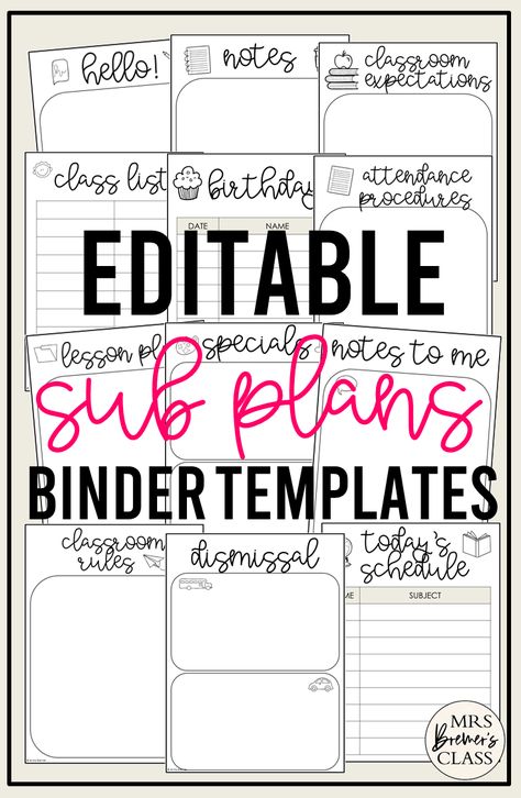 These editable sub plan binder templates will help you be ready for those days you need someone else to fill in. Use to create a sub binder, so it's ready in a pinch, and you can put your mind at ease! Binder Templates Free, Substitute Teacher Binder, Substitute Folder, Lesson Plan Binder, School Procedures, Sub Binder, Substitute Binder, Preschool Supplies, Elementary Physical Education