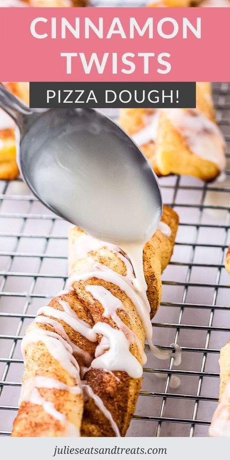 Light, fluffy Cinnamon Twists with a powdered sugar drizzle are an easy dessert or treat! They start with homemade or store bought pizza dough and filled with cinnamon sugar, then baked and drizzled with icing. They have all the flavor of a cinnamon rolls, but are way easier and disappear just as quick. #cinnamon #twists Pillsbury Pizza Crust Recipes, Pizza Dough Cinnamon Rolls, Bread Twists, Store Bought Pizza Dough, Cinnamon Twists, Twisted Recipes, Baking Items, Pizza Crust Recipe, Dessert Pizza