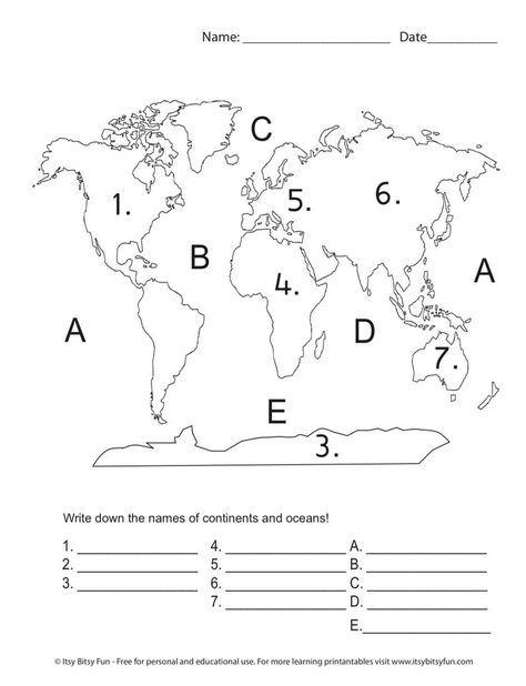 World History Worksheets, Oceans And Continents, Printable World Map, Montessori Geography, Geography Worksheets, Geography For Kids, Continents And Oceans, Map Worksheets, 6th Grade Social Studies