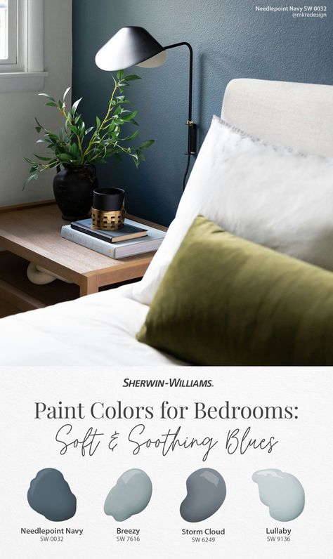 For a beautiful-in-blue bedroom, try these paint colors from Sherwin-Williams. Tap this pin to order free color chips including Needlepoint Navy SW 0032, Breezy SW 7616, Storm Cloud SW 6249, and Lullaby SW 9136. Thanks for sharing your #SWColorLove, @mkredesign and @studio.tk.photography (both on Instagram). #sherwinwilliams #bedroom #blue #bluepaint #diy #paint #painting #decor Sw Rainstorm Bedroom, Breezy Paint Sherwin Williams, Blue Mystery Sherwin Williams, Blue Bedroom Wallpaper Ideas, Neutral Blue Paint Colors Bedroom, She Twin Williams Bedroom Colors, Navy Bedroom Paint Colors, Sherwin Williams Waterloo Bedroom, Best Paint Color For Guest Bedroom