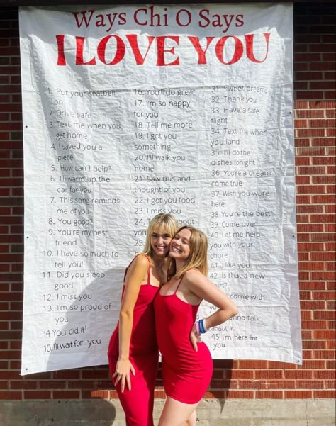 Ways To Say I Love You Sorority, Sorority Banner Recruitment, Sisterhood Themes Sorority, Love Sorority Theme, Chi Omega Banner Ideas, Sorority Event Themes, Sorority Banners Recruitment, Sisterhood Round Recruitment, Sorority Recruitment Themes Ideas